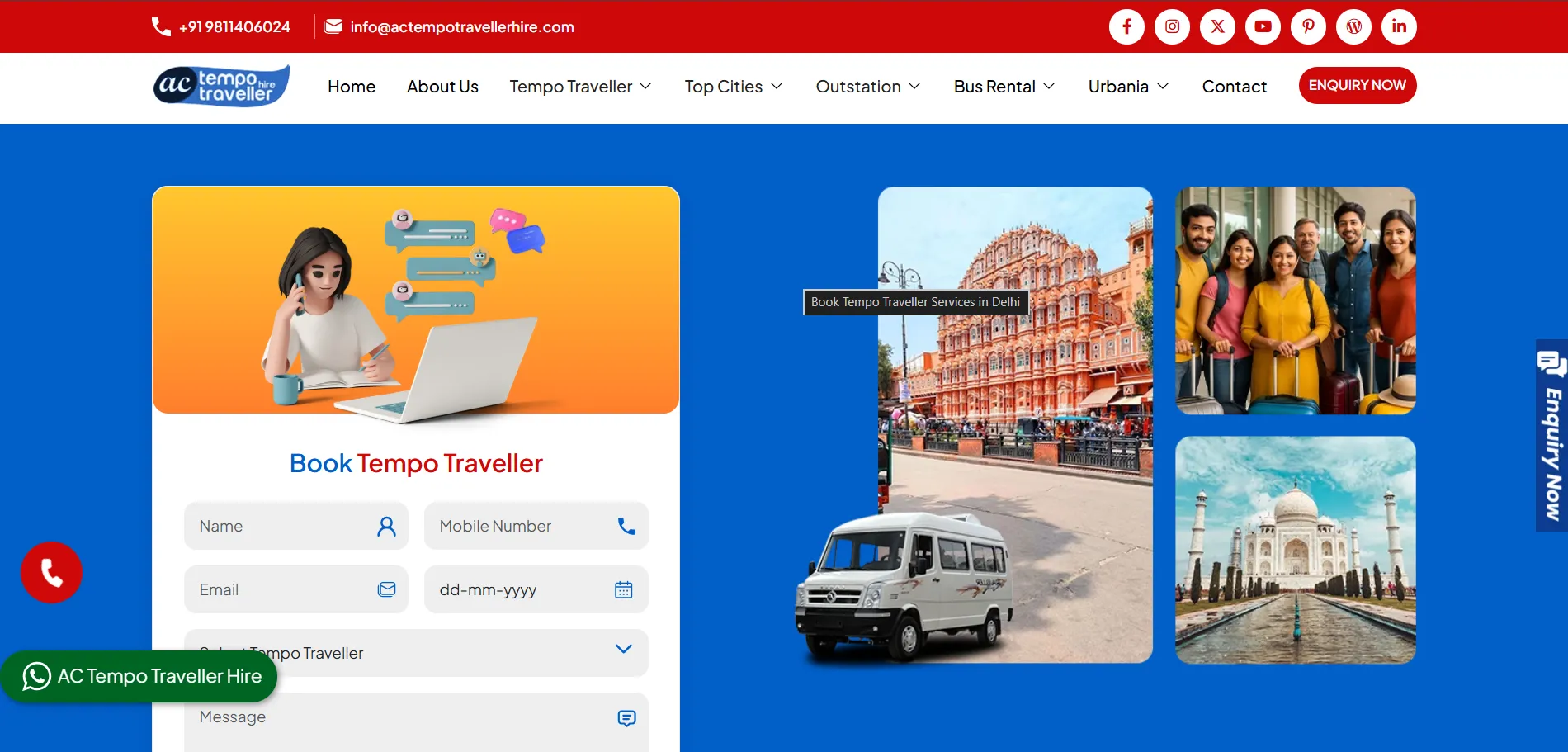 AC Tempo Traveller Hire website homepage