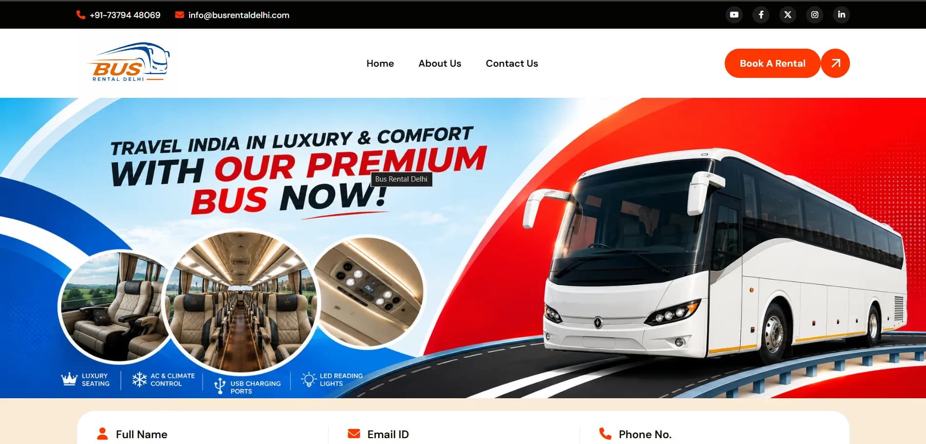 Bus Rental Delhi website homepage